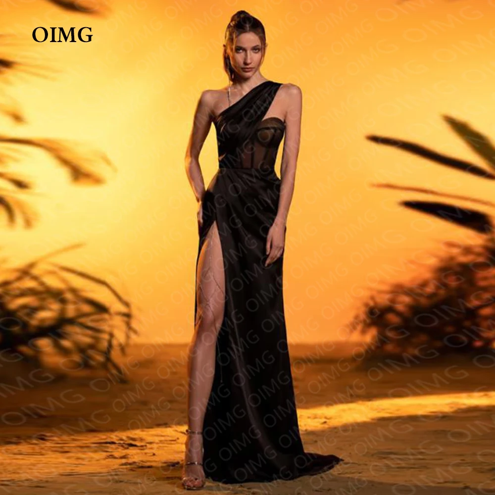 OIMG Saudi Arabic Black Satin Sparkly Night Evening Dresses One Shoulder Sleeveless Long Formal Event Party Prom Dress