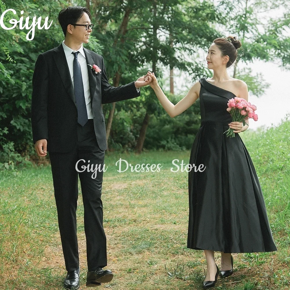 

Giyu Elegant A-line Black One-Shoulder Wedding Party Dress Sleeveless Korea Photoshoot Ankle-Length Customized Evening Gown 2025