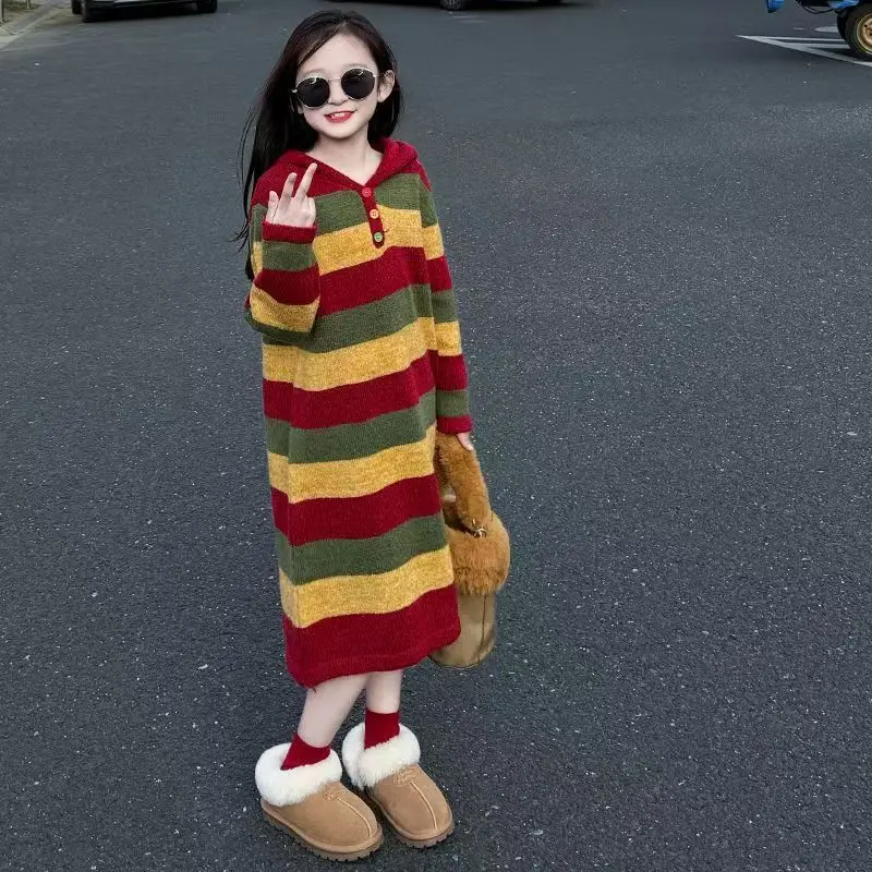 

Girls Hooded Knitted Dress Autumn and Winter New Children's Long Striped Sweater Skirt 2025 Girls Knee Sweater