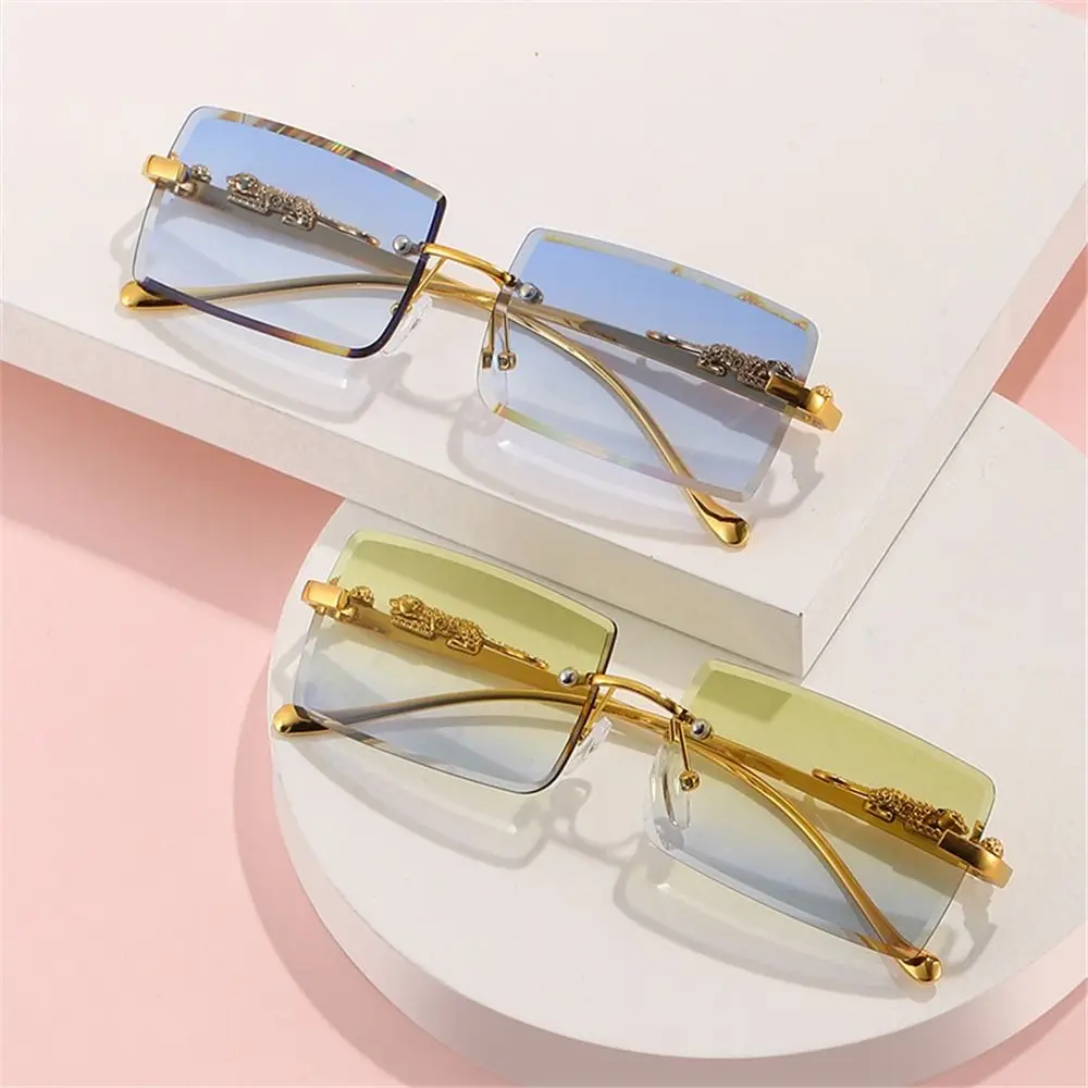 Cool Metal Cheetah Decor Rectangle Sunglasses Rimless Colorful Ocean Lens Sun Glasses UV400 Eyewear for Women & Men