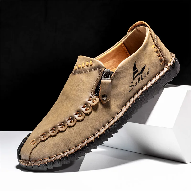 

Handmade Leather Men Shoes Comfortable Khaki Man Loafers Shoes Hot Sale Slip-On Flats Shoes Men Plus Size 38-48 chaussure hommes