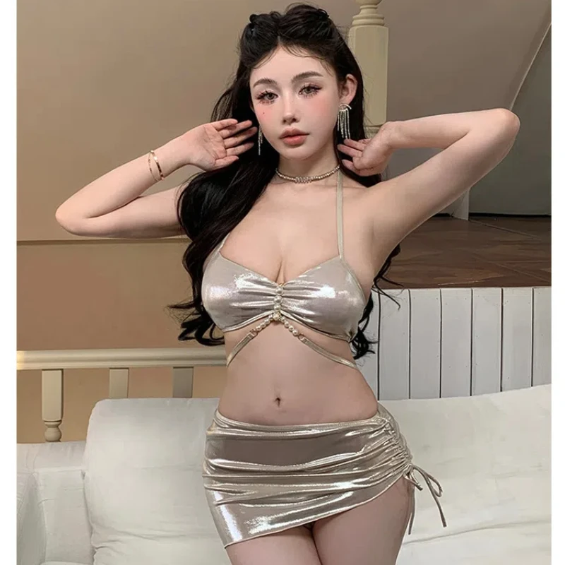

Sexy 3 Pieces Silver Bandeau Bikini 2024 Women Swimsuit Thong Swimwear Bead Linked Bikinis Korean Beach Wear Y2K Bathing Suit