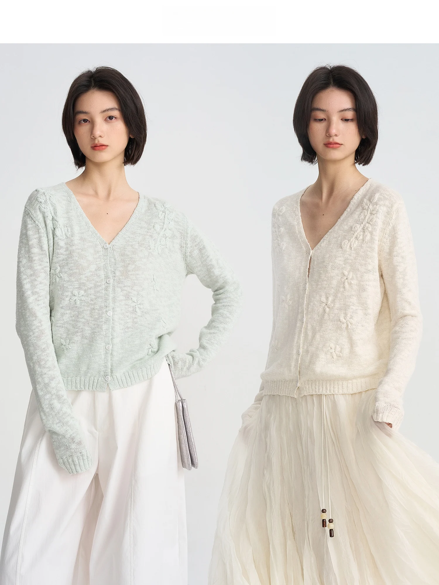 

Вязаный свитер JINNAN Gentle Wind с объемной вышивкой, V-образным вырезом, цветочным декором и ажурной вязкой, женский, из хлопка и акрила, с длинными рукавами