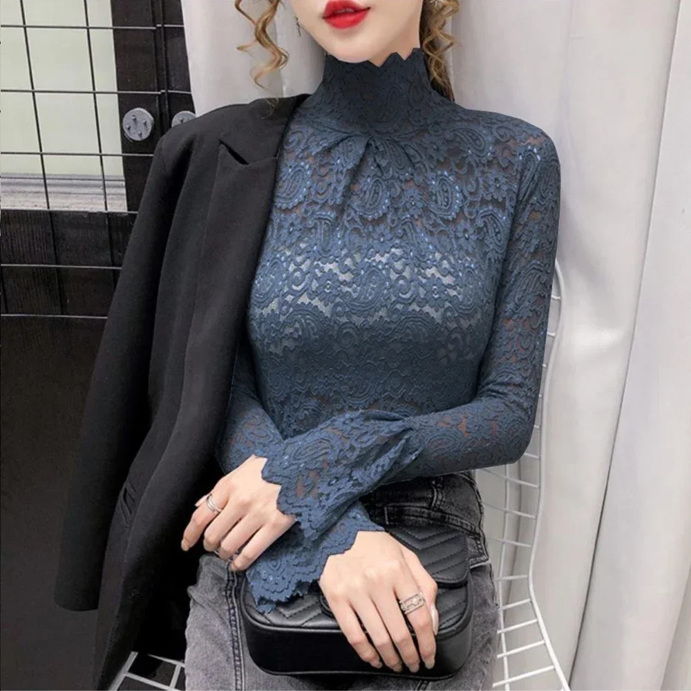 

High Neck Lace Long Sleeve T-Shirt Women S-2XL Black White Paisley Lace Girl Elegant Trend Tees Slim Sexy Sweet Underwear Top