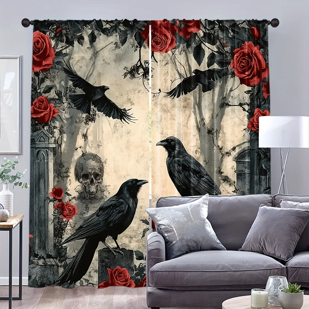 2pcs， Gothic Crow Romantic Rose Curtain, Skull Head Design, Suitable for Bedroom, Living Room, Halloween Home Decoration