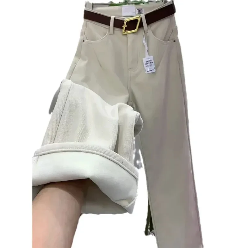 Calça jeans feminina forrada de lã solta perna reta outono inverno novo estilo emagrecimento tamanho pequeno versão estreita calças compridas