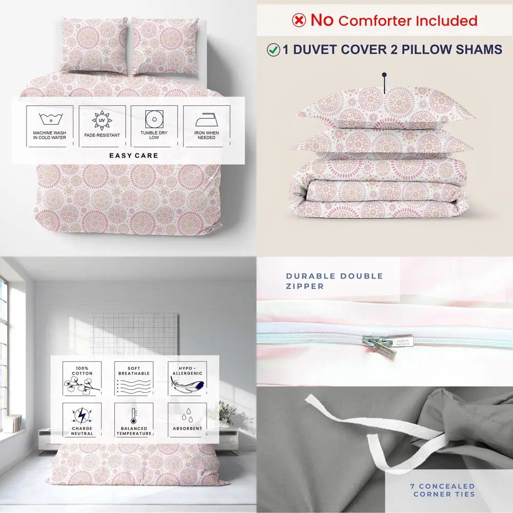 California King Size Duvet Cover Set - 100% Egyptian Cotton 600 Thread Count, Ultra Soft, Premium Mandala Design with Zipper Clo
