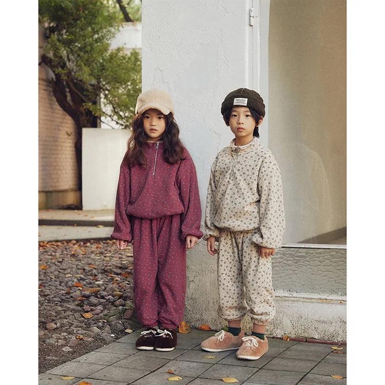 

Boys Spring Autumn Set Girls Waffle Retro Floral High-end Long Sleeved Hoodies Casual Pant Two Piece Set Children Clothing