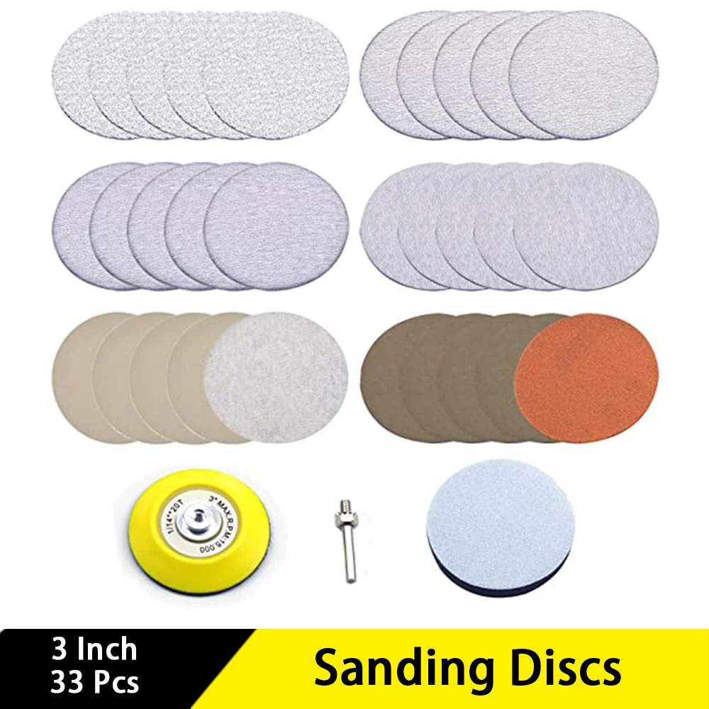 

33 Pcs 3 inch Multiple Grits Aluminum Oxide Dry & Wet Hook Loop Sanding Discs Used in Automobiles Electric Metal Furniture