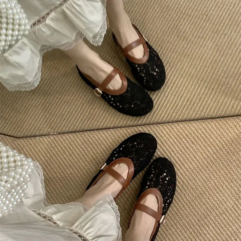 

Black Loafers Woman Shoes Summer Low Heel Pumps Beige Knitting Hollow Out Flats Comfort Mesh Mary Jane Shoes Zapato Mujer