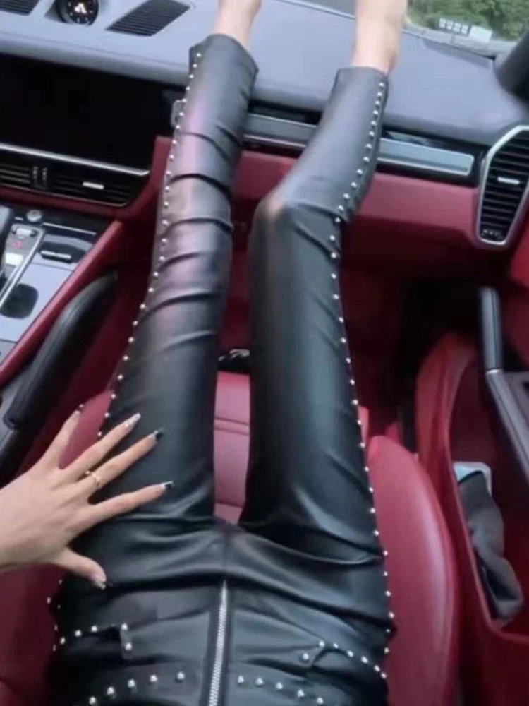 

Осенние новые кожаные брюки с застежкой-молнией и бусинами для женщин, женские универсальные узкие и маленькие укороченные брюки с высокой талией