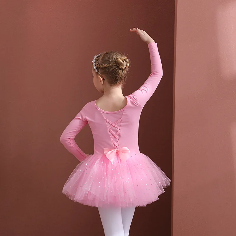 Girls Ballet Dress Gymnastics Leotards Long Sleeves Tulle Bowknot Skate Tutu Dress Christmas Birthday Party Leotard Dancewear