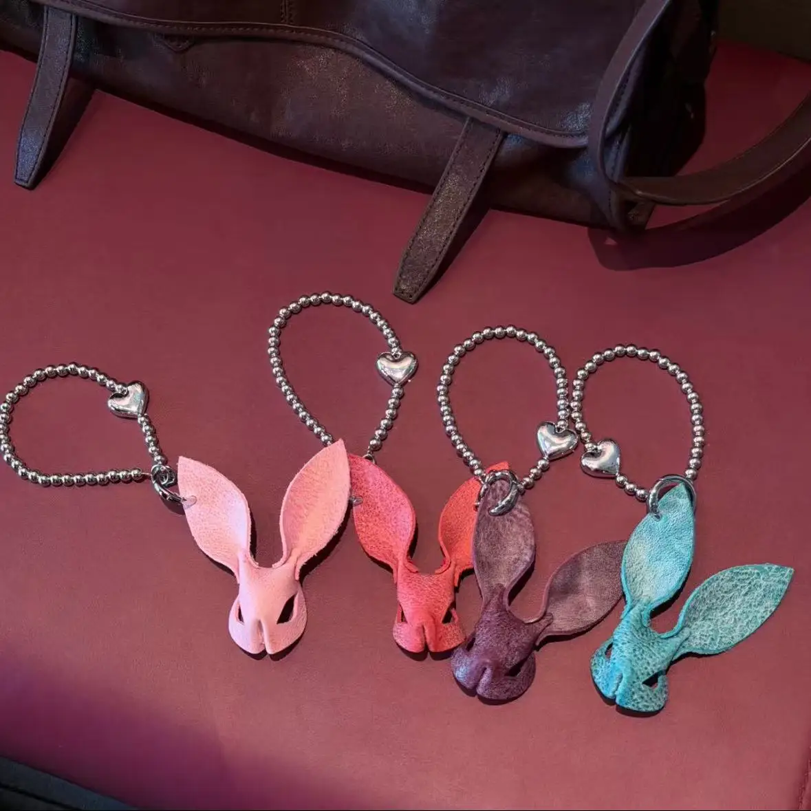 

Colorful rabbit-style simple design genuine leather handmade bag charm keychain pendant