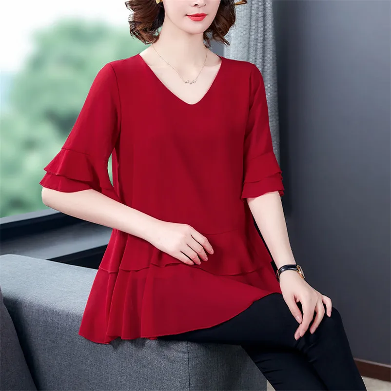 Frauen V-Ausschnitt halbe Ärmel Chiffon Blusen & Hemden Dame elegante Rüschen weiche schlanke Tops weibliche Korea Stil Tops 10 Farben