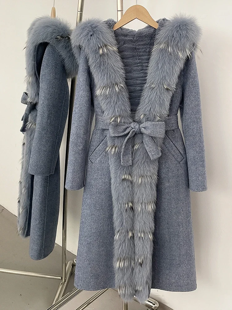 2025.novo outono inverno roupas femininas quente longo com capuz pele de lã jaqueta grossa forro de pele de coelho casaco de lã feminino