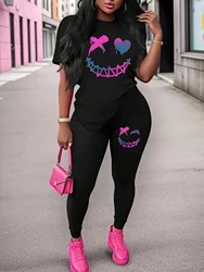 Women's Sports Outfit Set, Plus Size Abstract Figure Print Short Sleeve T-shirt Top Medium Stretch Comfy Pants Fitness Outfit