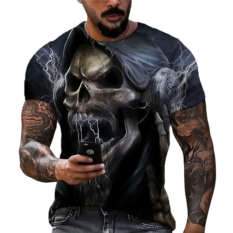 Camiseta con estampado 3D de calavera para hombre, camisa de manga corta de gran tamaño, estilo Punk, ropa de muerte, 2022