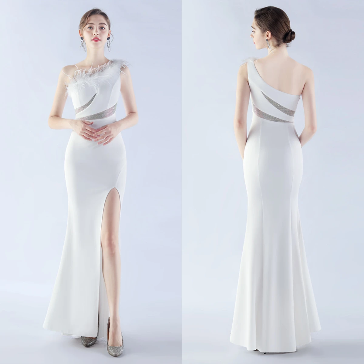 

Evening Dress White Stone Jersey Feather One Shoulder Zipper Back Sleeveless Mermaid Trumpet Slit Floor Length Women Party Gown