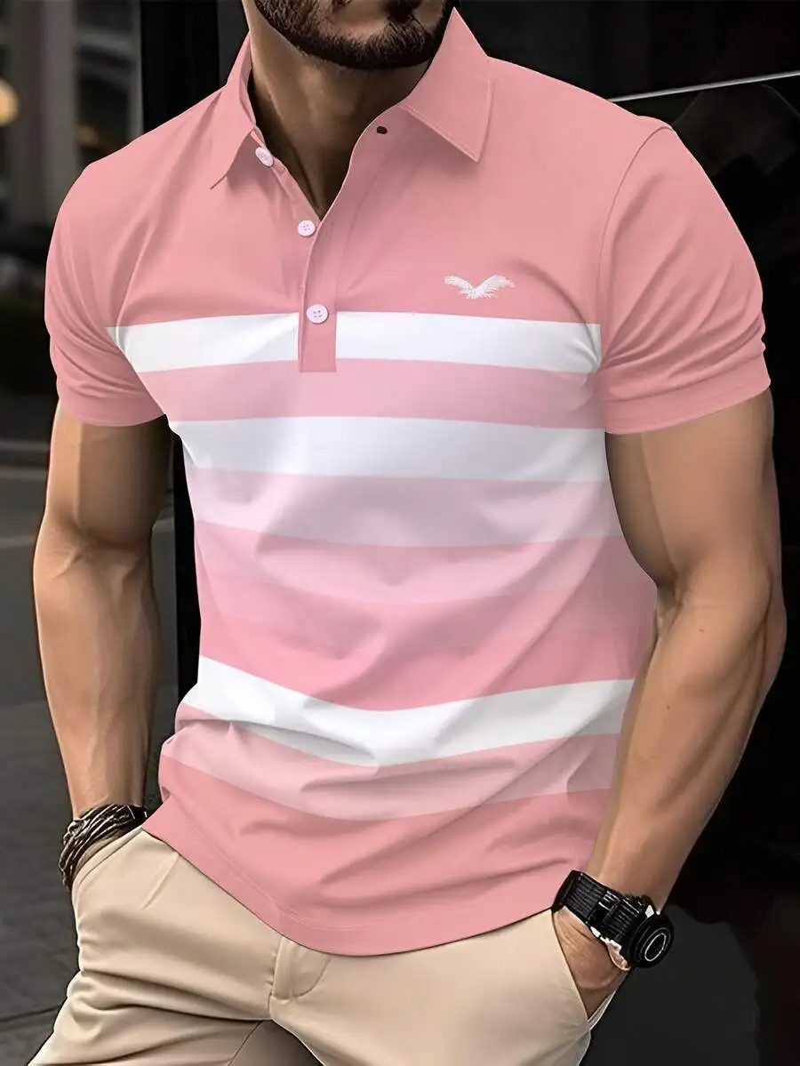 

Men's Pink and White Striped Short Sleeve Polo Shirt, Polyester, Casual Summer Wear
