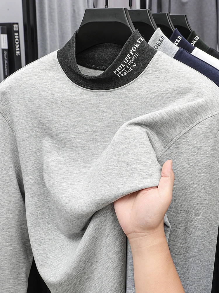 

Легкая роскошная брендовая трендовая простая мужская зимняя рубашка с начесом и принтом 2025 года, с длинными рукавами и полувысоким воротником для тепла