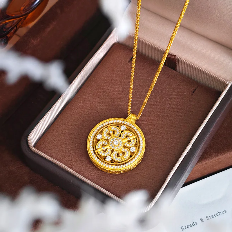 Luxury 24K 9999 Pure Gold real gold Rotatable Diamond Pestle Compasses Pendant Women's Necklace
