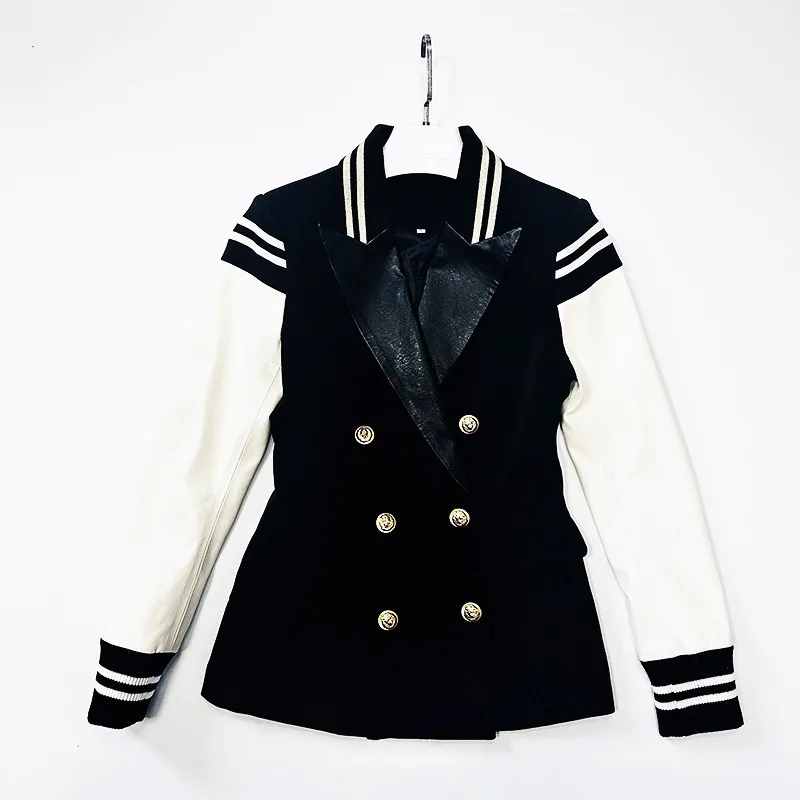 

SXTHAENOO новая мода 2025 классическая университетская куртка женская двубортная куртка с левенными пуговицами с кожаными рукавами в стиле пэчворк пиджак верхняя одежда