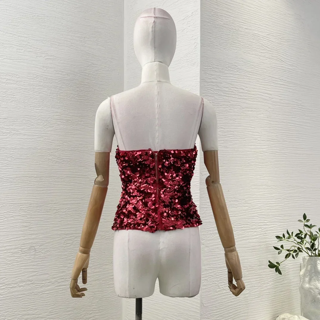 2025 Spring Summer Red Shining Sequins Strapless Sleeveless Top Quality Women Luxury Blouse Tops for Party