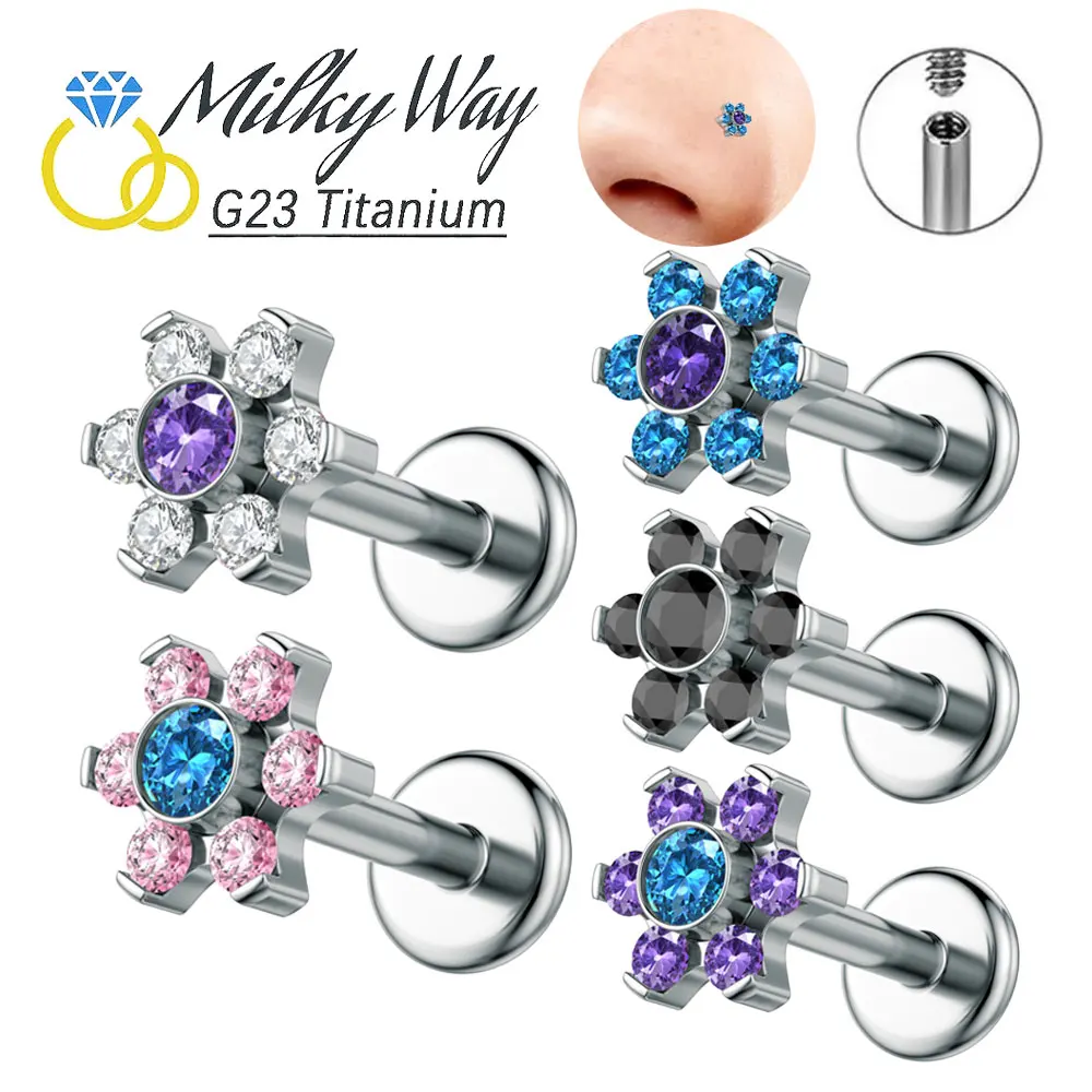 Milky Way ASTM F136 Titanium Piercing Jewelry 16G Nose PIERC Flower Earrings Cochlear Rings Ear Cartilage Helix Studs Flat BacK