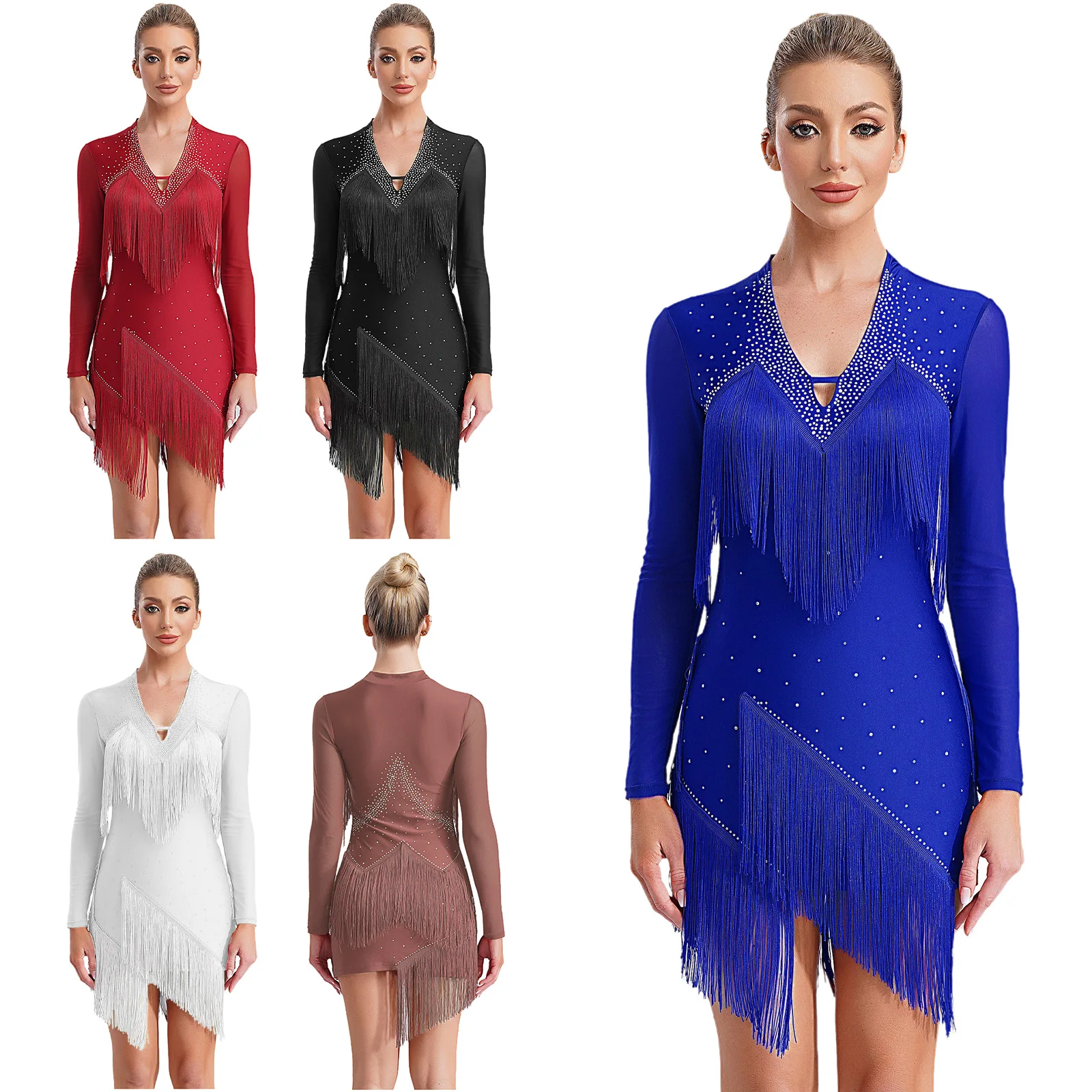 Damen Latin Dance, figurbetontes Kleid, Kostüm, V-Ausschnitt, lange Ärmel, glänzendes Strass-Fransenkleid, Tango, Rumba, Cha-Cha, Bühnenauftritte