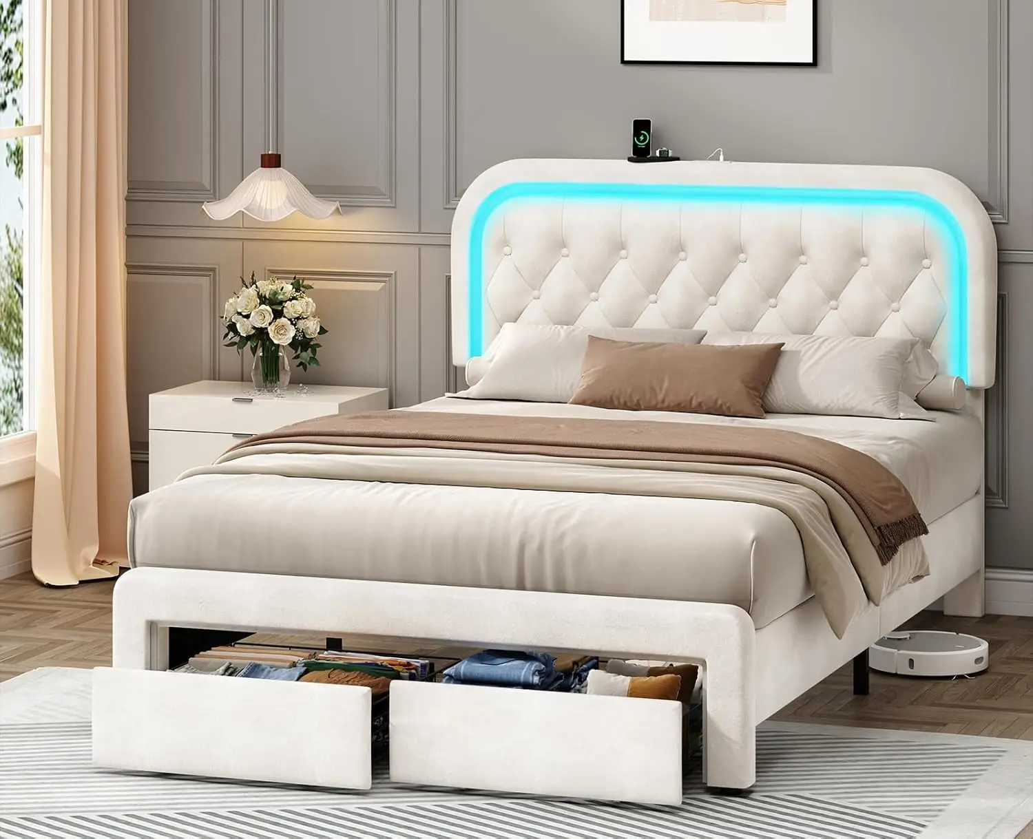 

CSZZD Full Upholstered Bed Frame with 2 Storage Drawers & LED Lights, Velvet Bed Frame Full Size with Stylish Headboard & Chargi