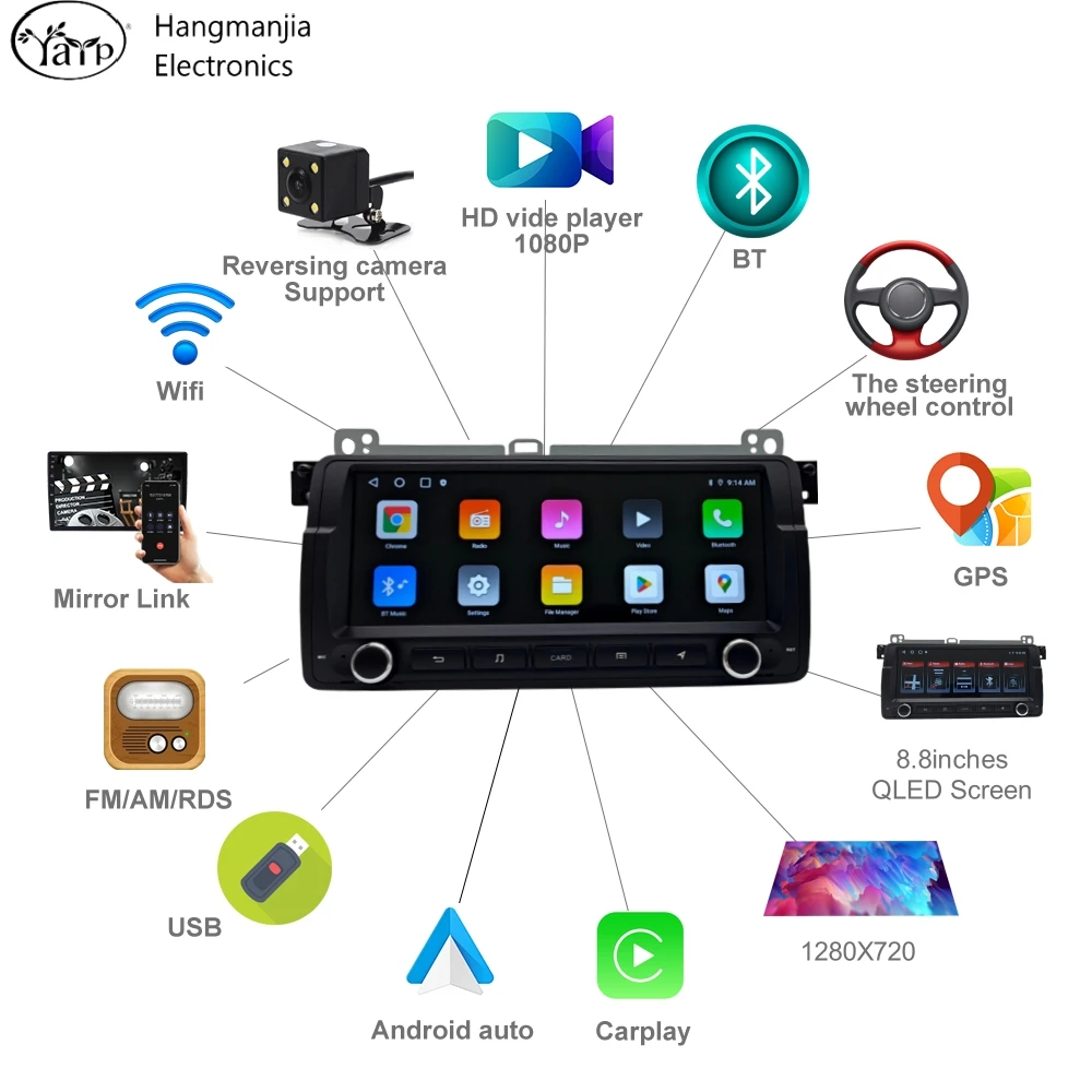 Hangmanjia Wireless CarPlay Android Auto Radio for BMW E46 M3 318/320/325/330/335 1998-2006 Car Multimedia Player GPS autoradio