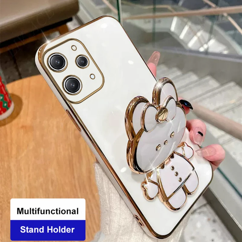 Redmi12 Make Up Mirror Rabbit Plating Phone Holder Case For Xiaomi Redmi 12 Note 12s 12 Pro Plus 4G 5G 12C Turbo Stand Cover