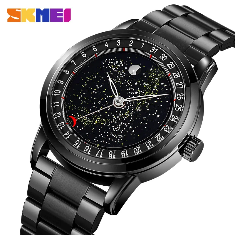 SKMEI Fashion Luxury Quartz Man Watch Stainless Steel Strap Date Lunar Phase Casual Waterproof Wristwatch For Men Male Clock