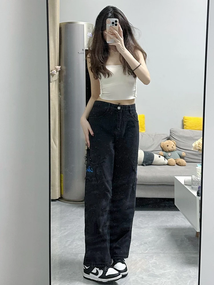 

KING BRAND Spring Autumn Star Embroidery Letter Loose Wide Leg Jeans High Waist Denim Pants Straight Cut Long Trousers for Women