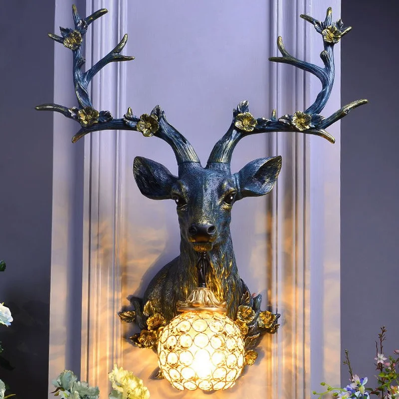 American lucky deer head wall  retro living room TV wall creative entrance restaurant decorative lamp antler lamp wall