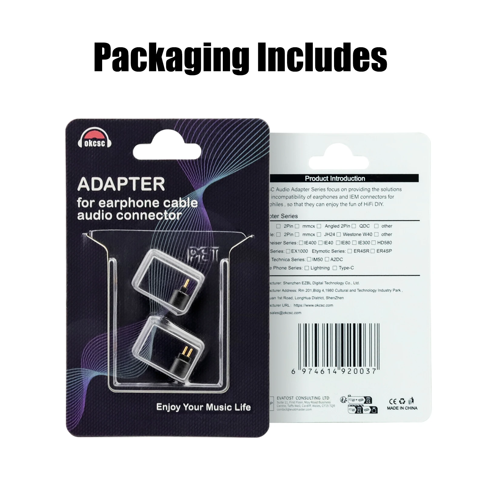 OKCSC IPX T2 Female 0.78 2 Pin Male Earphone Adapter to Earphones
