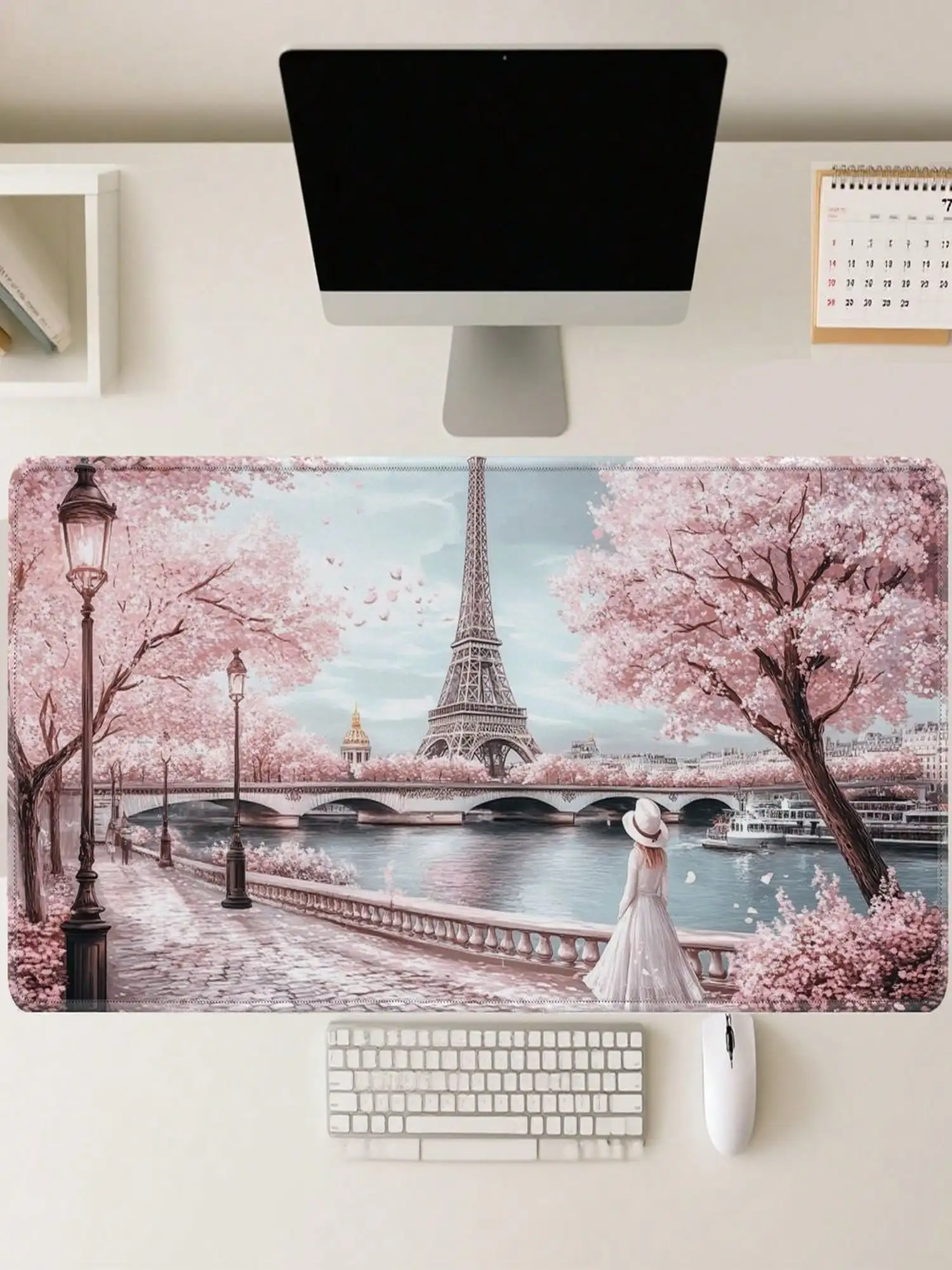 

A Stylish Mousepad Featuring A Romantic Parisian Landscape With Cherry Blossoms And The Eiffel Tower, Perfect For Gaming. This Large Desktop Pad Is Inspired By Anime And Comes In An XXL Size.
