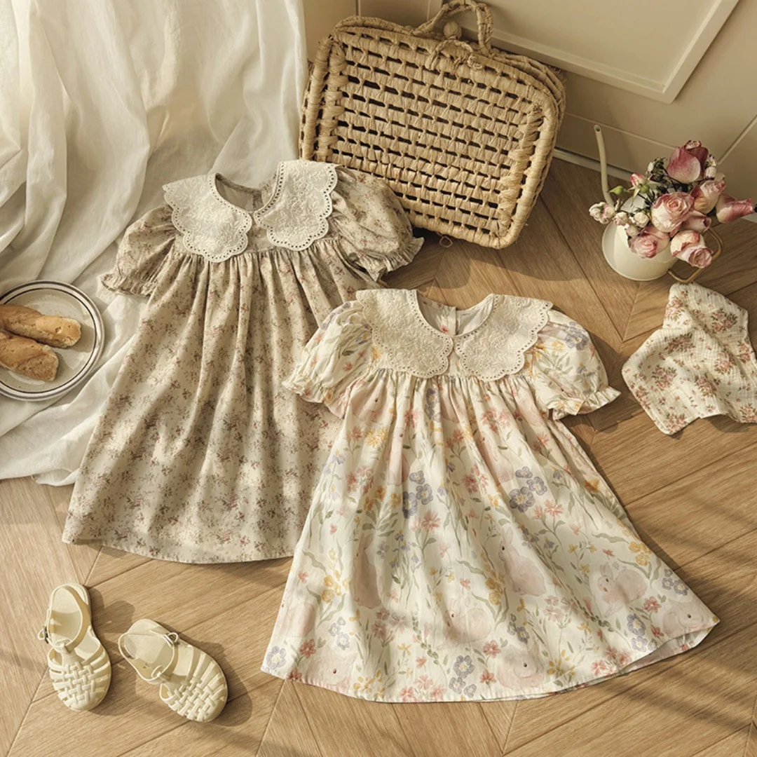 

Summer 2026 French Cartoon Print Lace Doll Collar Girls Dress Princess Short Sleeve Baby Skirt New Arrival Children's Clothing