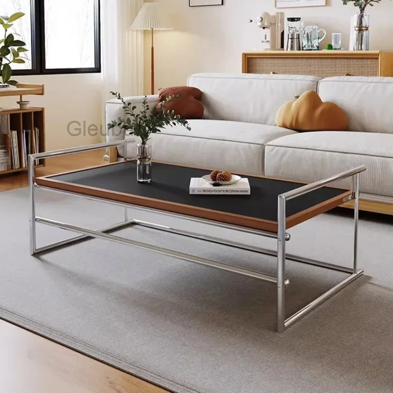 Vintage Luxury Coffee Table Wood Trim, Polished Chrome Metal Frame, Rectangular Center Table for Living Room, Apartment, Office