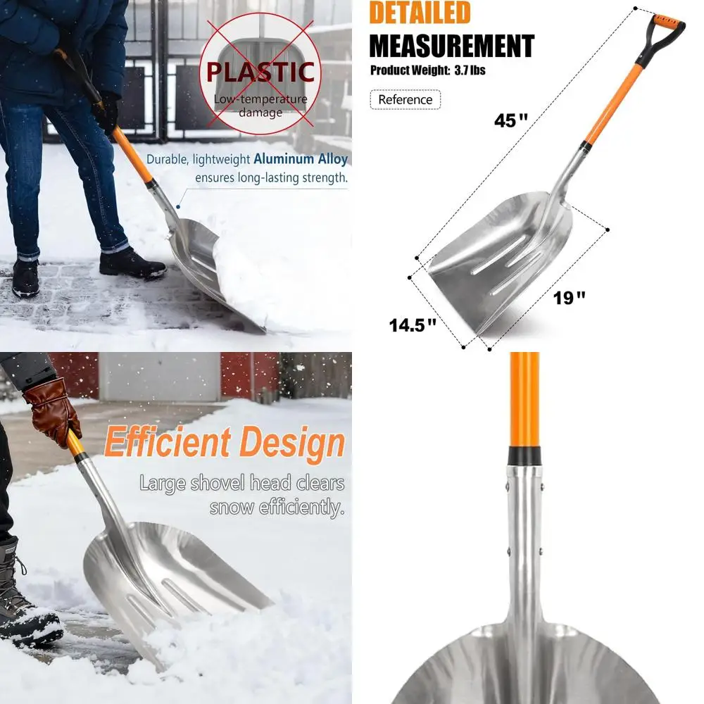 

45-Inch D-Handle Aluminum Snow Shovel, 3.7 lbs, Ideal for Driveway and Gardening, Orange