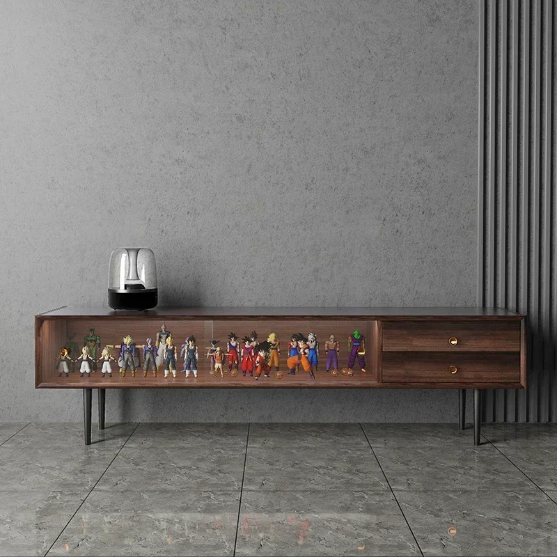 1 Wood Glass TV Cabinet Home Floor Cabinet Black Walnut Color Light Luxury Multi-Functional Display Cabinet with Light