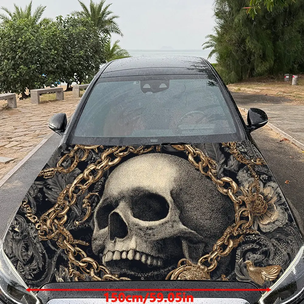 Gilded Ornate Chain & Skull Car Hood Sticker,Waterproof Self-Adhesive Vinyl Graphics Decals,Decorative Auto Accessories Stickers