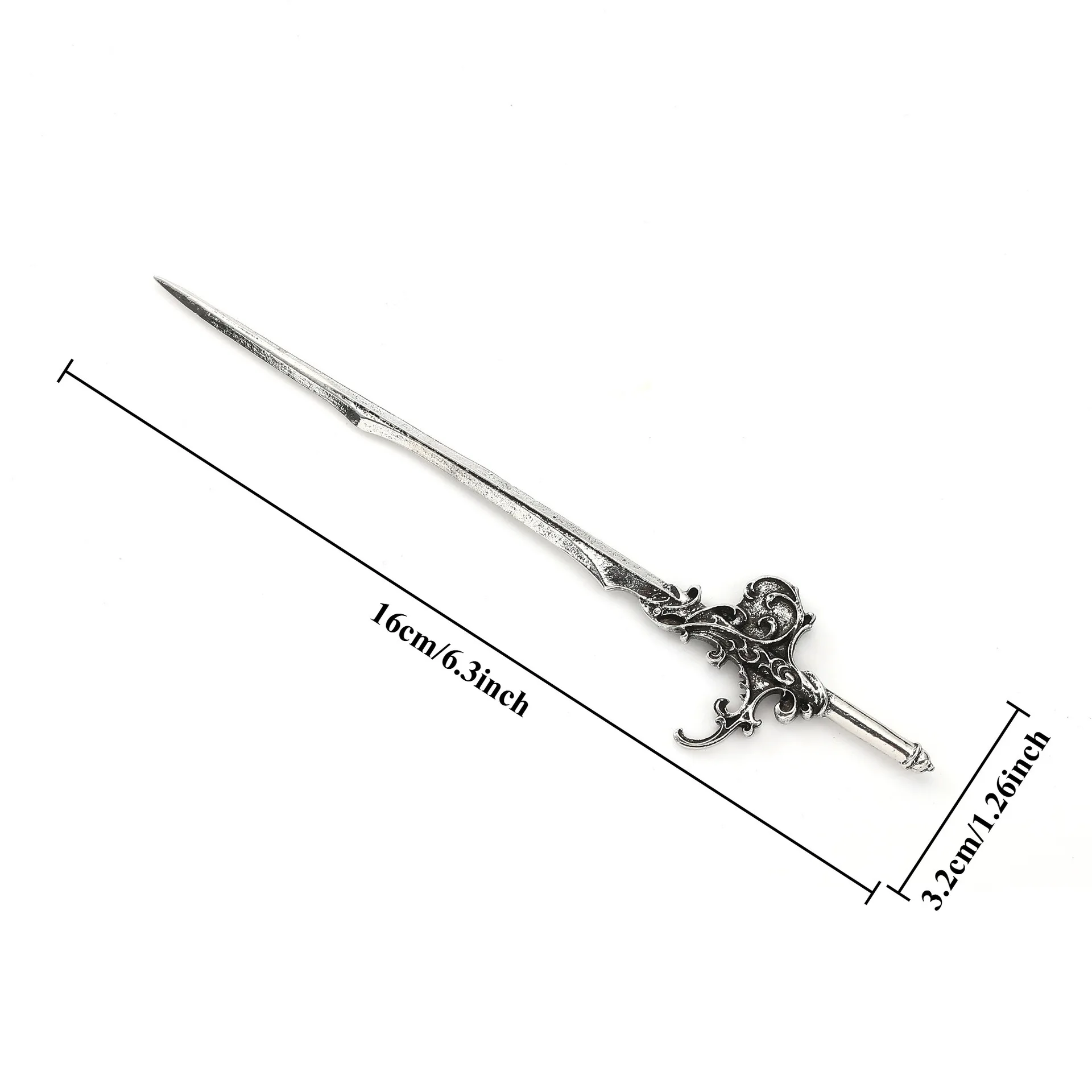 1pc Vintage Carved Sword Shaped Hairpin Made Old Metal Complex Rolled Grass Pattern Sword Handle Design Dark Style Hair Styling image 6