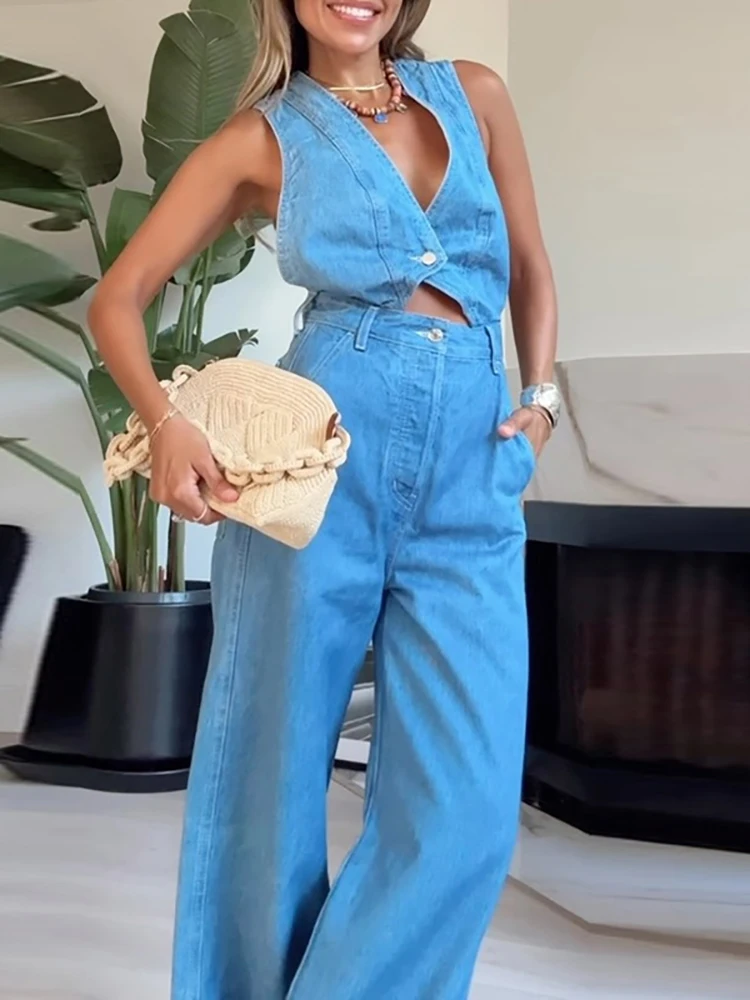 

Spring V Neck Button Hollow Playsuit Retro Solid Color High Waist Denim Jumpsuits Women Summer Backless Criss-cross Jeans Romper