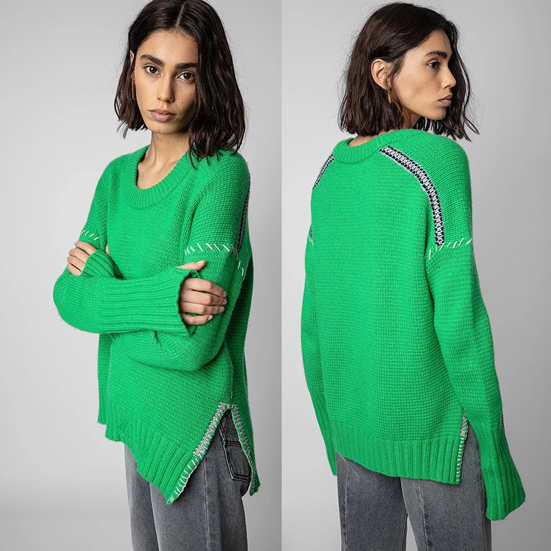 Winter new French niche ZV ethnic style hand woven hem slit cashmere knit sweater for women