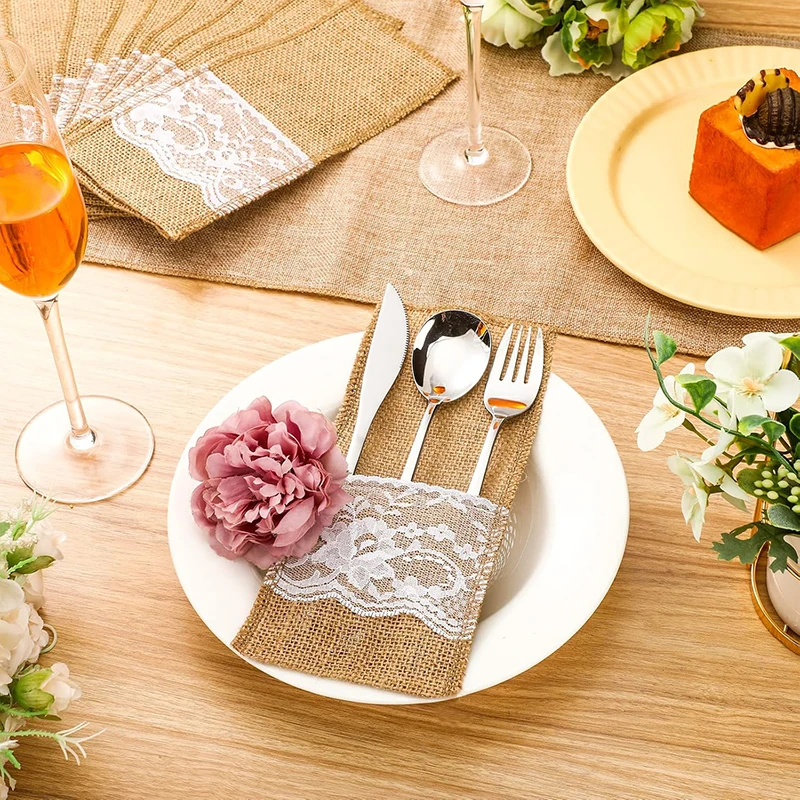 

4-50PCS 4"x8"Burlap Lace Utensil Cutlery Holders Pouch Silverware Holder Knifes Forks Bags Mat for Kitchen Dinning Wedding Decor