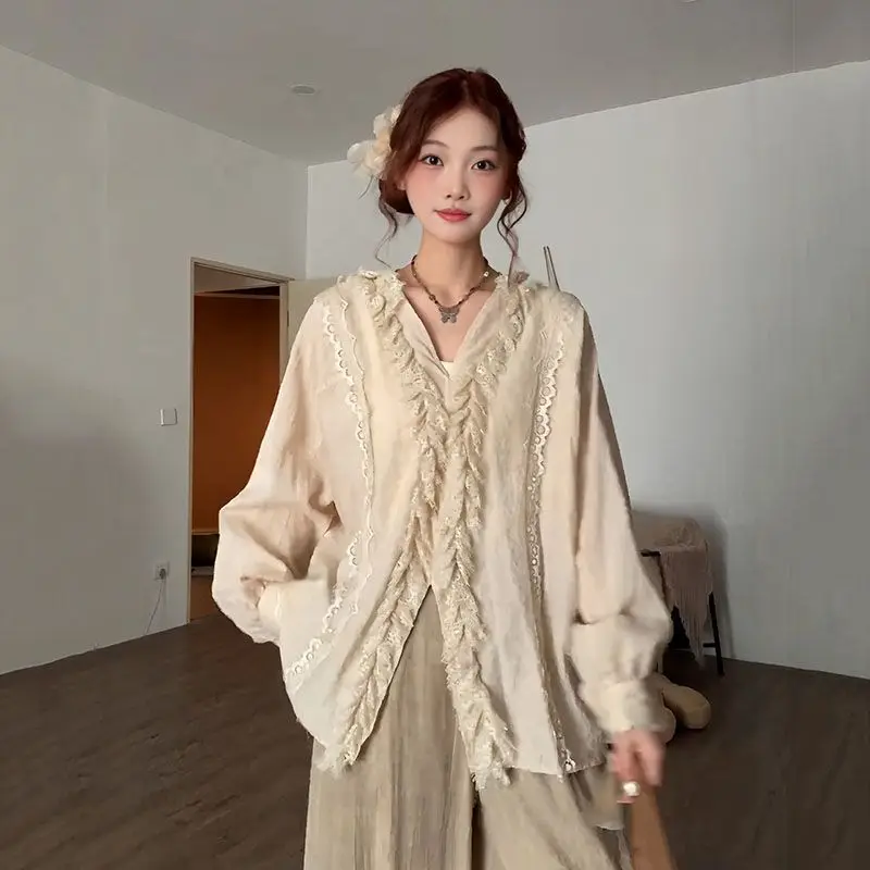 

Women's Beige Long-Sleeve Blouse With Ruffled Lace Detail And V-Neck Design