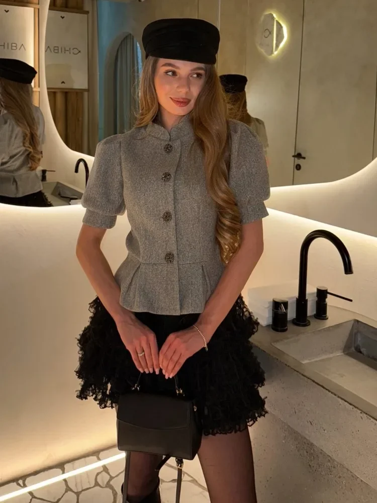 Malha renda pompadour vestido em camadas retalhos lanterna manga fino ajuste falso duas peças feminino fofo vestidos curtos gaze vestido de festa