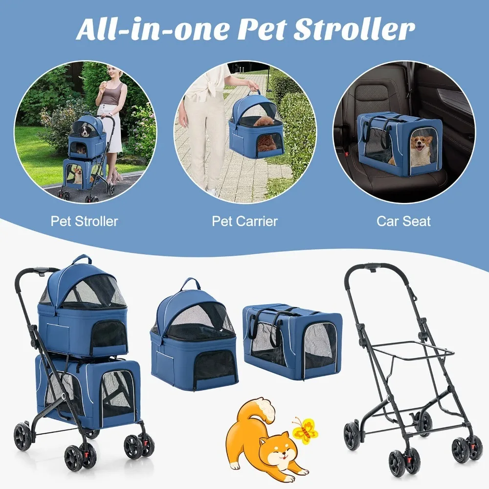 Double Pet Stroller for 2 Dogs or Cats w/ 2 Detachable Carriers Safety Belt Blue - view 4