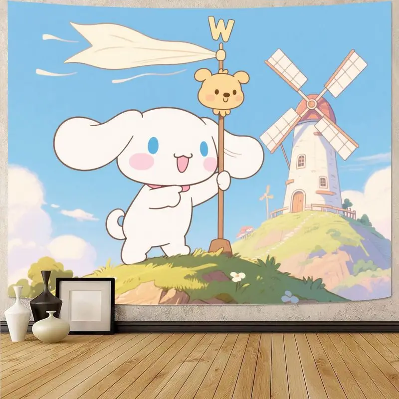 

1 шт. Sanrio Cinnamoroll Kawaii эстетический гобелен для девочек голубое небо ветряная мельница настенное искусство аниме милый декор комнаты подарок